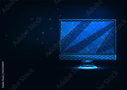 Futuristic glowing low polygonal computer display isolated on dark blue