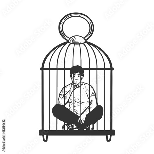 Man sit in cage prison sketch engraving vector illustration. T-shirt apparel print design. Scratch board imitation. Black and white hand drawn image.