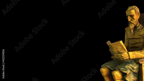 Don Quixote of La Mancha reads a book-Dx - detail - 3d model animation on a black background photo