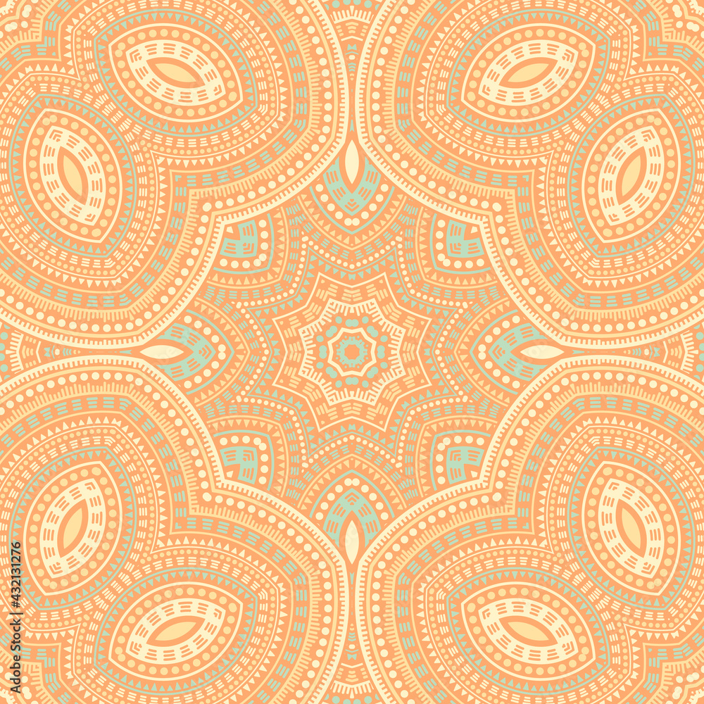 Ottoman traditional mosaic vector seamless pattern. Wallpaper patchwork design. Decorative spanish ornament. Floor decor design. Circles and lines elements texture.