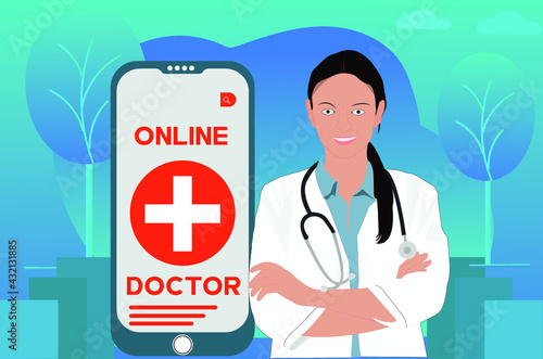 Online doctor consultation flat concept illustration.Vector element for tele medical and health.Online diagnostics. Video call to the doctor. Creative landing page design template.