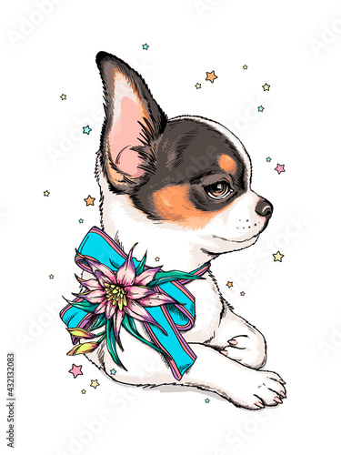 Cute chihuahua puppy with exotic flower and bow. Vector illustration in hand-drawn style. Cute dog sketch. Image for printing on any surface