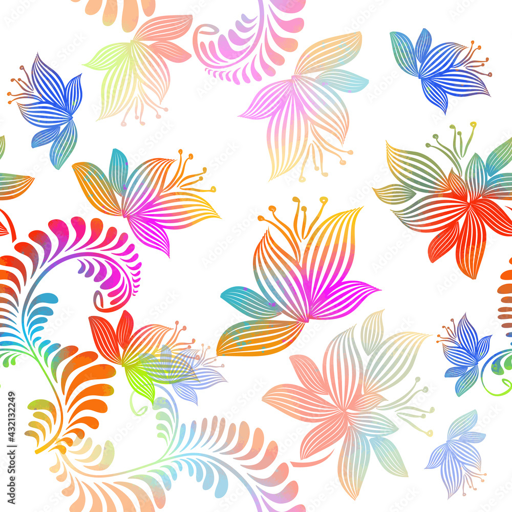 A seamless pattern with colorful flowers. Black background. Mixed media. Vector illustration