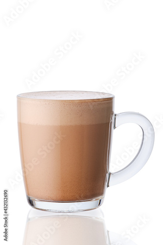 Cup of hot cocoa drink in transparent glass isolated on white