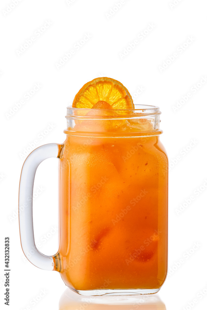 Cold orange lemonade in mason jar isolated on white