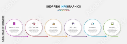 Concept of shopping process with 6 successive steps. Six colorful graphic elements. Timeline design for brochure, presentation, web site. Infographic design layout.