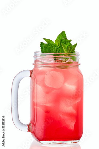 Cold strawberry lemonade in mason jar isolated on white