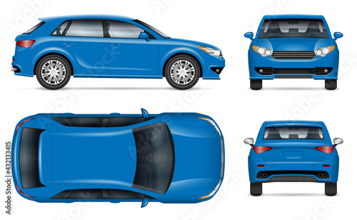 Compact crossover car vector mockup on white background for vehicle branding, corporate identity. View from side, front, back, top. All elements in the groups on separate layers for easy editing and r