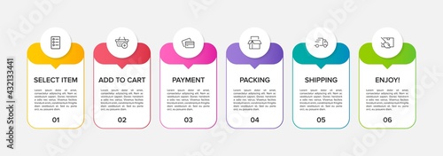 Concept of shopping process with 6 successive steps. Six colorful graphic elements. Timeline design for brochure, presentation, web site. Infographic design layout.