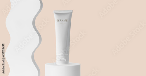 Cosmetic tube ads on cylinder podium stage and wave decor 3d realistic vector illustration. Skincare product mockup on beige background banner. Minimalist scene