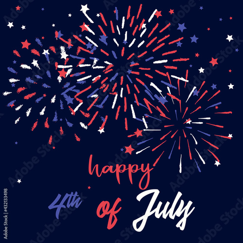 Happy 4th of July Patriotic Greeting Card Template. Vector Fireworks for American Independence Day Celebration. Blue, White, Red Patriotic Card.