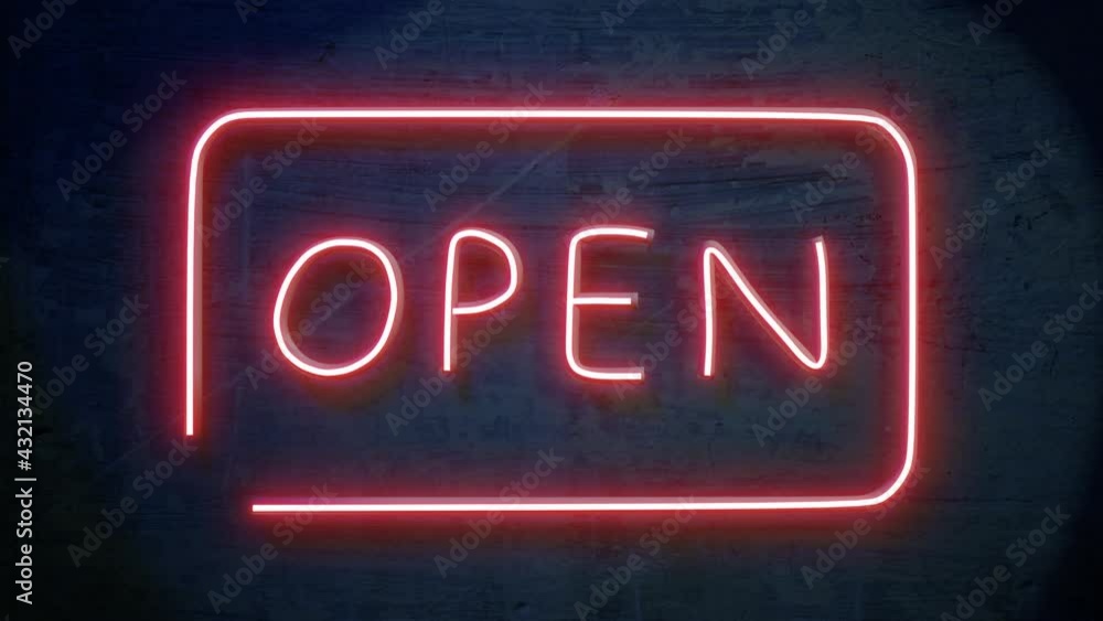 Red Neon open sign animation on brick wall background. Open sign seamless looping. Red Neon open sign animation on brick wall background. Open sign seamless looping.