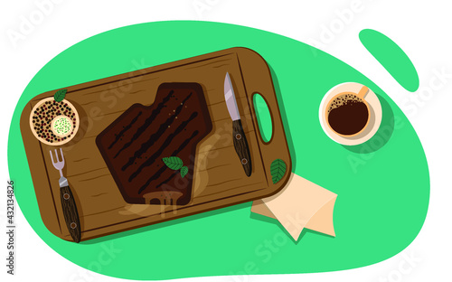 Grilled steak, served on a wooden board