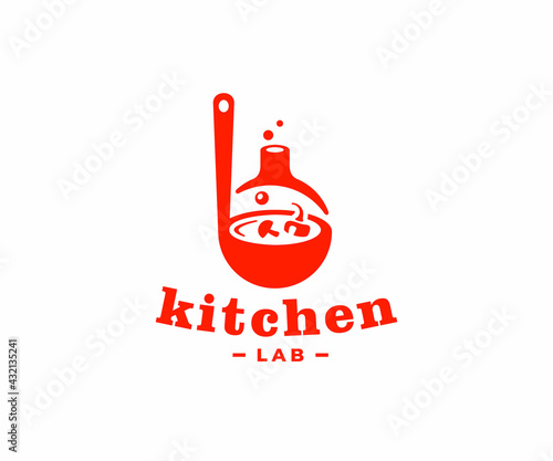 Kitchen laboratory logo design. Cooking food vector design. Ladle with soup and lab flask logotype