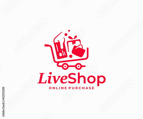 Online shopping logo design. Purchases in the online store vector design. Shopping cart with credit card, bag and gift logotype