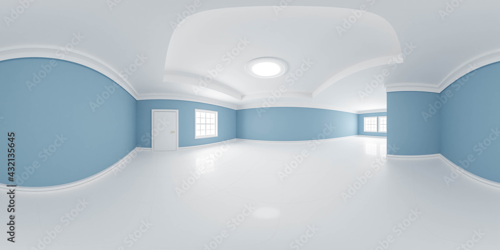 full 360 panorama of empty classic design room with white floors and blue walls 3d render illustration hdri hdr vr style full 360 panorama of empty classic design room with white floors and blue walls 3d render illustration hdri hdr vr style
