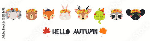 Cute little animals faces in leaves wreathes, quote Hello Autumn, isolated on white. Hand drawn vector illustration. Scandinavian style flat design. Concept kids fashion, textile print, poster, card.