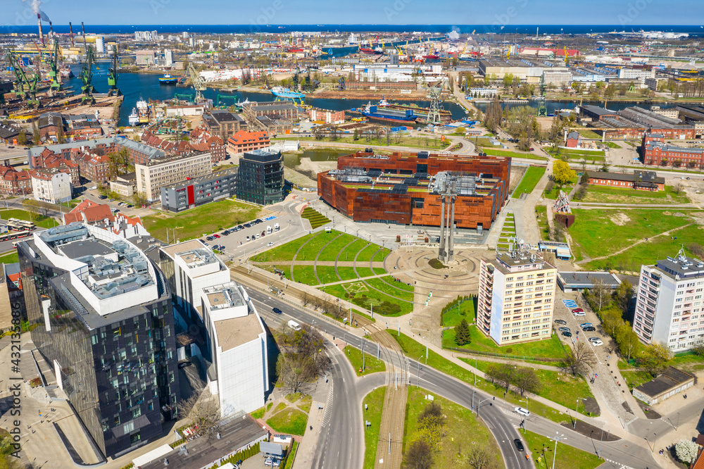 Aerial view of city center in Gdansk with shipyard area. Poland