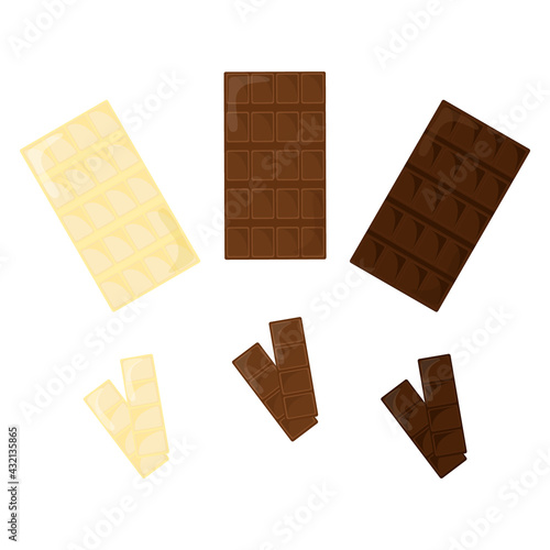 Chocolate bars set isolated on white background. White, milk and dark chocolate pieces collection. Vector illustration