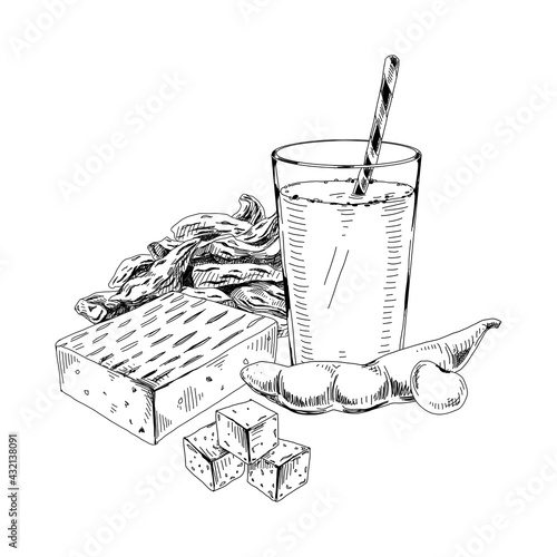 Soy food composition, retro hand drawn vector illustration.