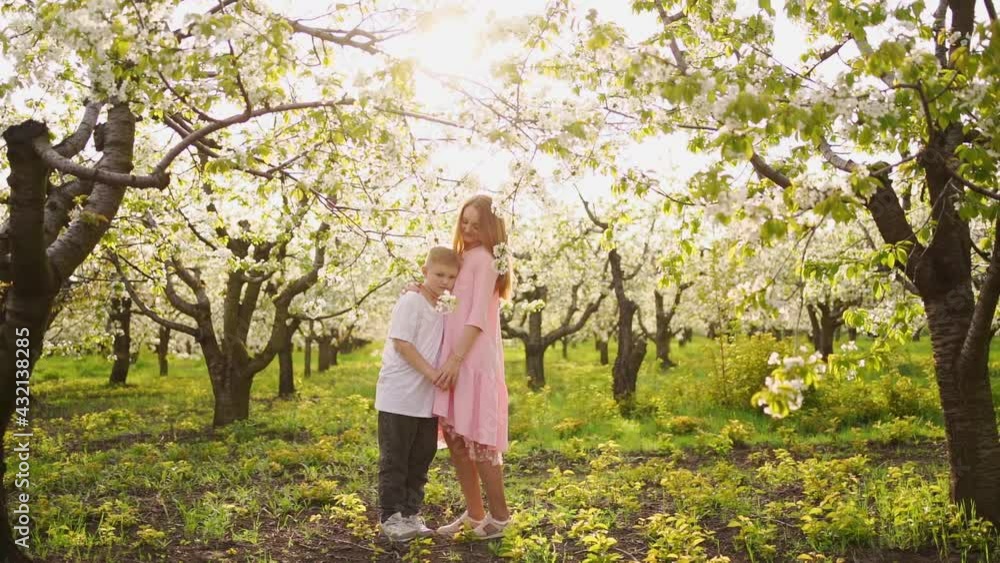 mother and son teenager in a flowering spring cherry orchard. mother and son teenager in a flowering spring cherry orchard.