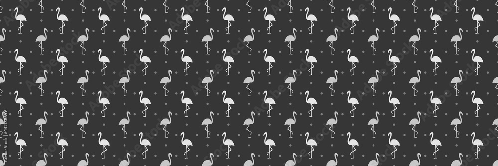 Seamless texture with flamingos and dots. Abstract birds. Polka pattern for your design. Black and white illustration