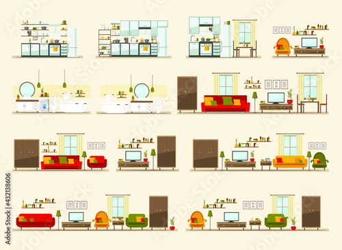 set with interiors, bathroom, kitchen, living room, flat vector illustration of rooms with furniture