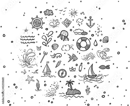 Hand drawn black holiday elements on white. Sketches. Summer holidays. Abstract signs and symbols. Circle art. Banner design. Black and white illustration