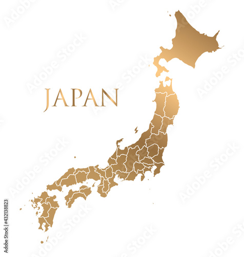 vector japan map and country lettering with golden name on white background