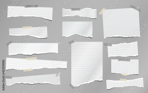 Set of torn white note, notebook paper pieces stuck on grey background. Vector illustration