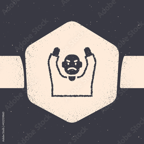 Grunge Thief surrendering hands up icon isolated on grey background. Man surrendering with both hands raised in air. Monochrome vintage drawing. Vector