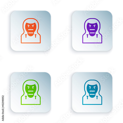 Color Thief mask icon isolated on white background. Bandit mask, criminal man. Set colorful icons in square buttons. Vector
