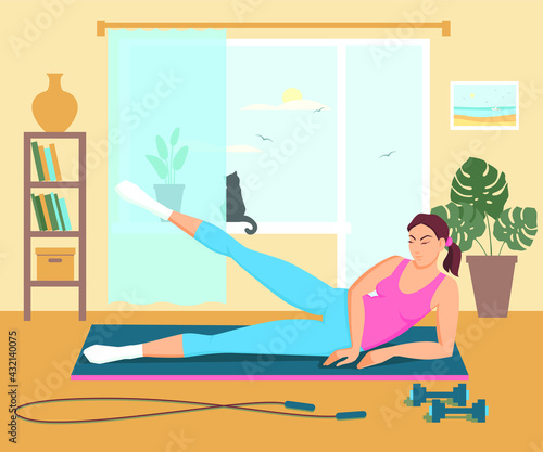 Vector flat design illustration: young woman doing aerobics workout at home.  Elements for card, poster, invitation about heaithy lifestyle.