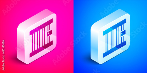 Isometric Prison window icon isolated on pink and blue background. Silver square button. Vector