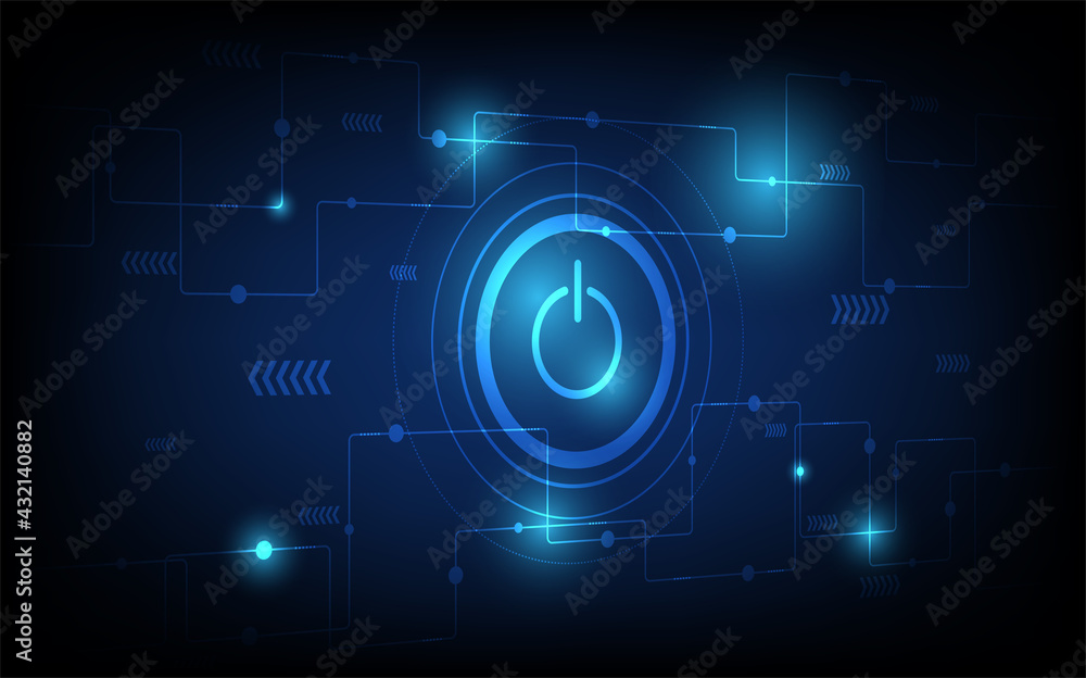 Power button neon glowing lines, Power button concept, Science and technology background Power button neon glowing lines, Power button concept, Science and technology background