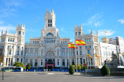 Madrid, Spain - October 25, 2020: View of the Palace of Cibeles building on Plaza de Cibeles Square