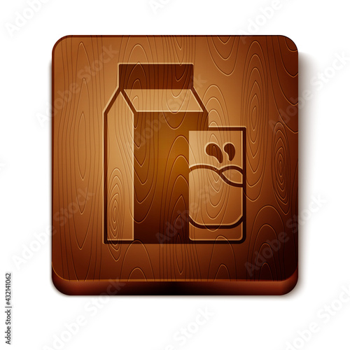 Brown Paper package for kefir and glass icon isolated on white background. Dieting food for healthy lifestyle and probiotics fulfillment. Wooden square button. Vector
