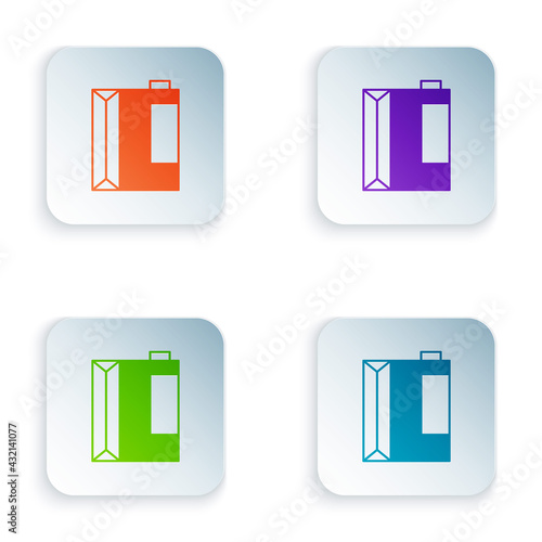 Color Paper package for kefir icon isolated on white background. Dieting food for healthy lifestyle and probiotics fulfillment. Set colorful icons in square buttons. Vector