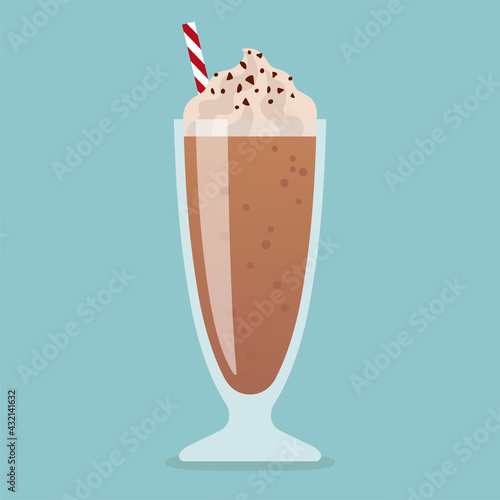 Chocolate milkshake in glass. Vector illustration.