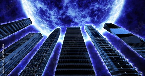 Flaming skyscrapers against a blue star. Looping Video