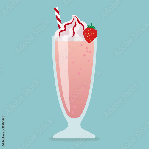 Strawberry milkshake in glass. Vector illustration.
