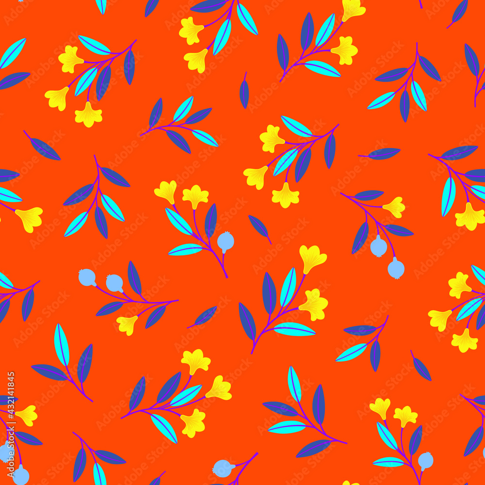 Bright seamless pattern with branches, berries, flowers and leaves. Repeat abstract botanical pattern. Vector illustration. Bright seamless pattern with branches, berries, flowers and leaves. Repeat abstract botanical pattern. Vector illustration.