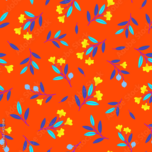 Bright seamless pattern with branches, berries, flowers and leaves. Repeat abstract botanical pattern. Vector illustration.