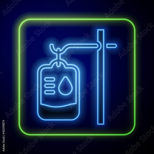 Glowing neon IV bag icon isolated on blue background. Blood bag. Donate blood concept. The concept of treatment and therapy, chemotherapy. Vector