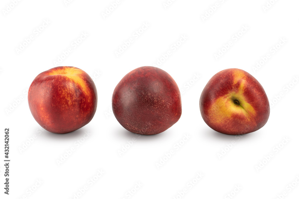 Group of three 3 nectarine fruits isolated on white background. Fresh fruits. Group of three 3 nectarine fruits isolated on white background. Fresh fruits.