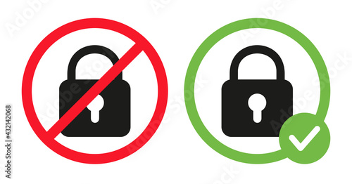 Lock sign in crossed out red circle and padlock in green circle. Protection icons, padlock vector flat illustration isolated on white background. Protected, closed symbol design.