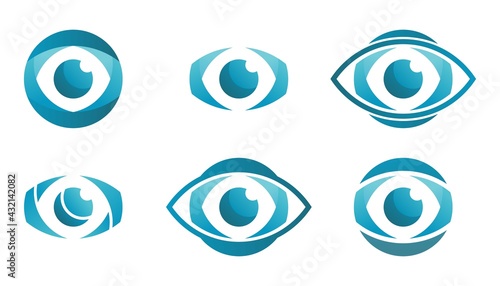Abstract blue Eye Vision Logo.Geometric graphic Shape isolated on white Background.Business and Technology Logos.Flat Vector Logo Design Template Element for medical clinic.Digital cyber focus lenses