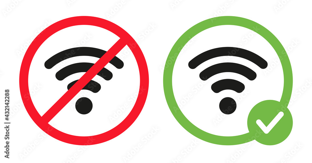 Allowed and forbidden wifi signs vector flat illustration. Wireless network symbols. Good or bad connection. Wi-fi icons in crossed out red circle, in green circle. Internet permit and forbidden. Allowed and forbidden wifi signs vector flat illustration. Wireless network symbols. Good or bad connection. Wi-fi icons in crossed out red circle, in green circle. Internet permit and forbidden.