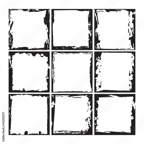 Black ink square grunge frames collection. Vintage photo frames template set. Messy design border. Jpeg illustration