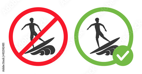 Allowed and forbidden surfing signs vector flat illustration isolated on white background. Man rides waves on surfboard, surf permit. Water sport icons in crossed out red circles and in green circles.